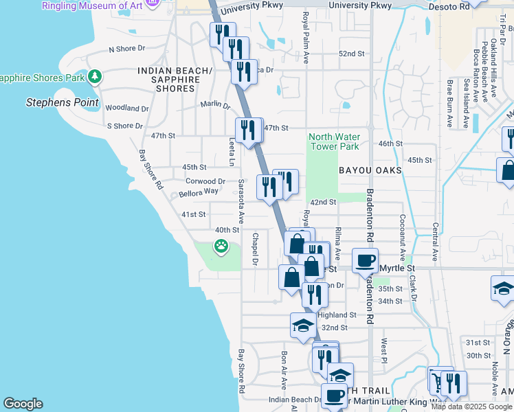 map of restaurants, bars, coffee shops, grocery stores, and more near 846 42nd Street in Sarasota