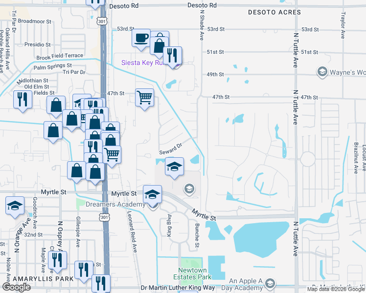 map of restaurants, bars, coffee shops, grocery stores, and more near 2320 Seward Drive in Sarasota