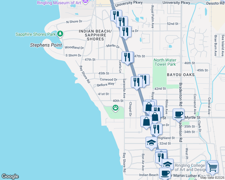 map of restaurants, bars, coffee shops, grocery stores, and more near 4104 Turks Cap Place in Sarasota