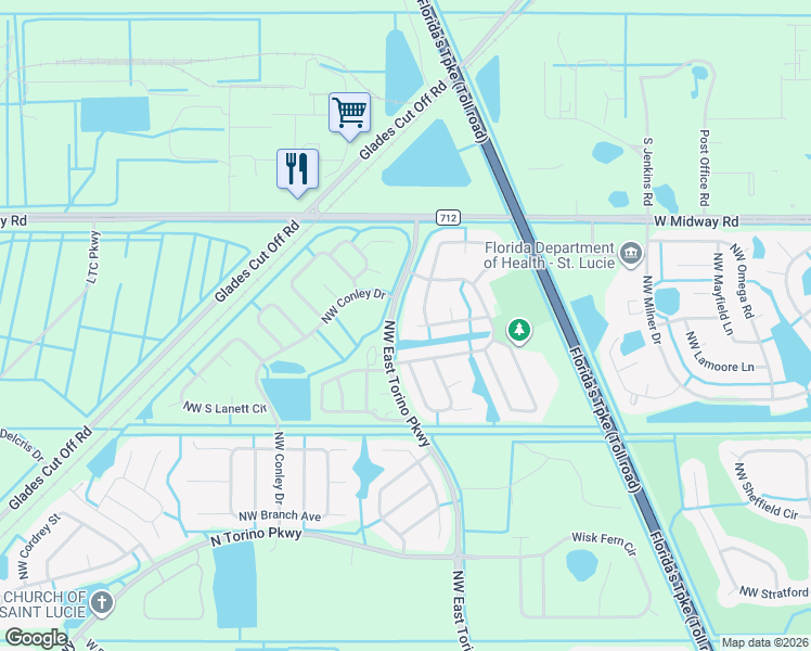 map of restaurants, bars, coffee shops, grocery stores, and more near 5232 Northwest Iredell Street in Port St. Lucie