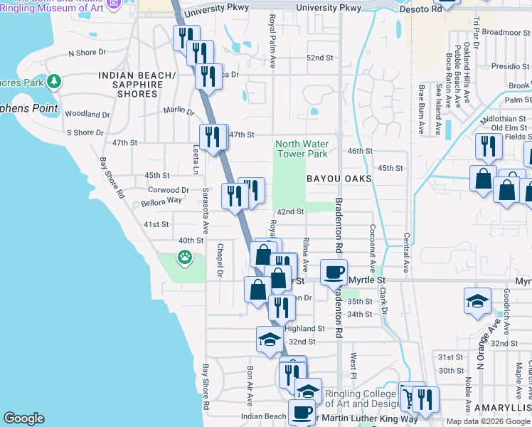 map of restaurants, bars, coffee shops, grocery stores, and more near 978 42nd St in Sarasota