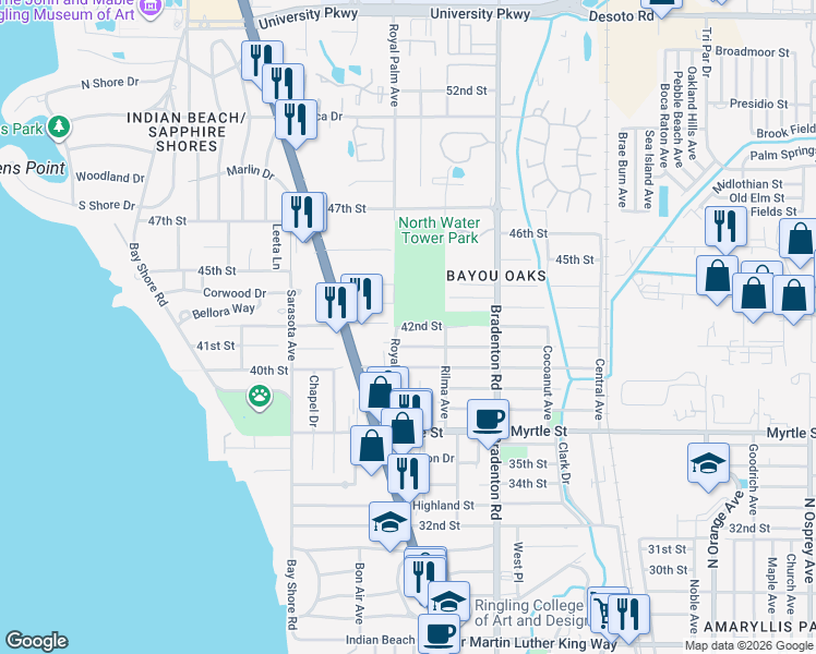 map of restaurants, bars, coffee shops, grocery stores, and more near 42nd Street in Sarasota