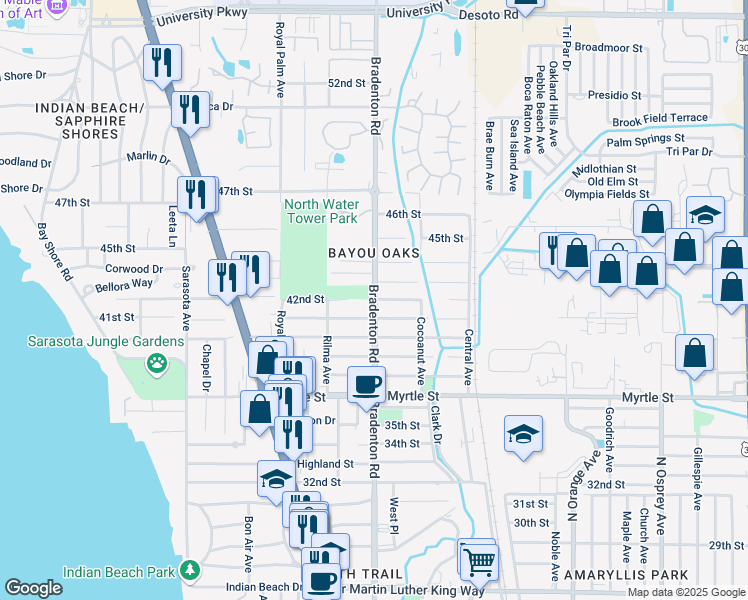 map of restaurants, bars, coffee shops, grocery stores, and more near Bradenton Road in Sarasota