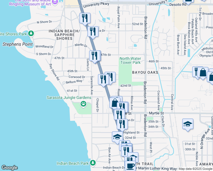 map of restaurants, bars, coffee shops, grocery stores, and more near 4108 North Tamiami Trail in Sarasota