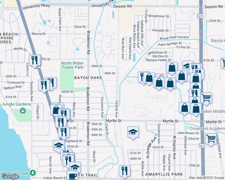 map of restaurants, bars, coffee shops, grocery stores, and more near 1375 41st Street in Sarasota