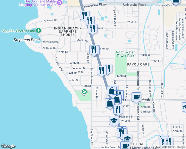 map of restaurants, bars, coffee shops, grocery stores, and more near 775 41st Street in Sarasota