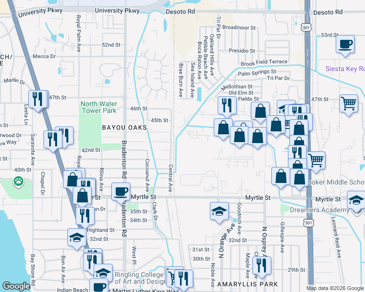 map of restaurants, bars, coffee shops, grocery stores, and more near 4256 Central Avenue in Sarasota
