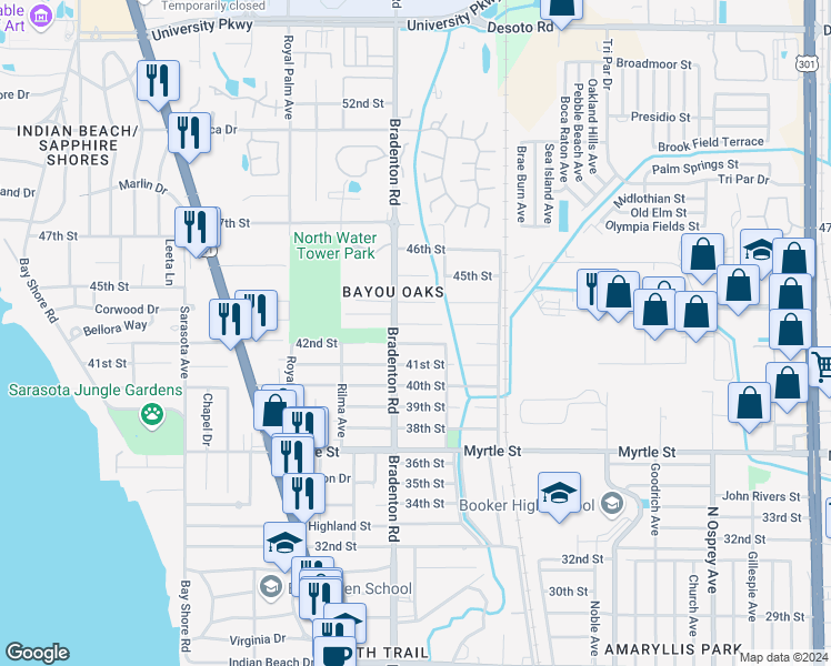 map of restaurants, bars, coffee shops, grocery stores, and more near 1232 43rd Street in Sarasota