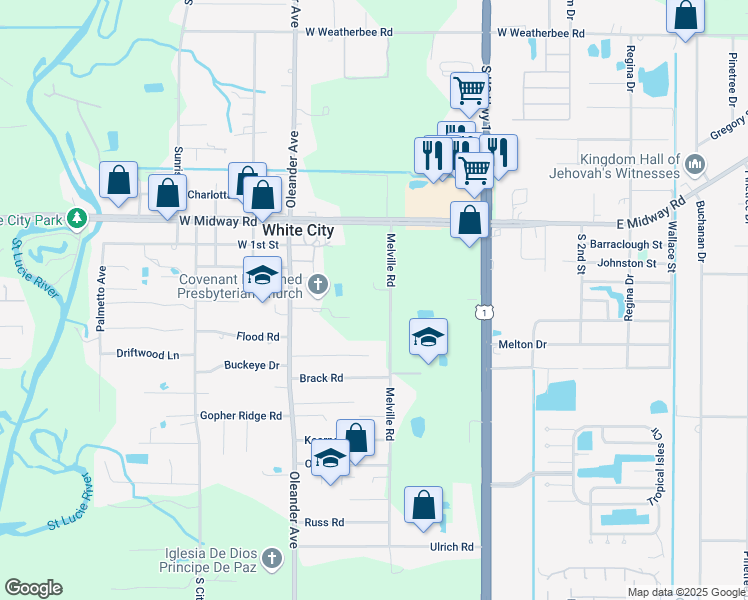 map of restaurants, bars, coffee shops, grocery stores, and more near 5105 Melville Road in Fort Pierce
