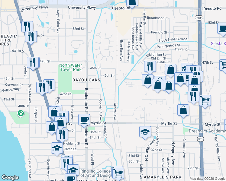 map of restaurants, bars, coffee shops, grocery stores, and more near 1366 44th Street in Sarasota