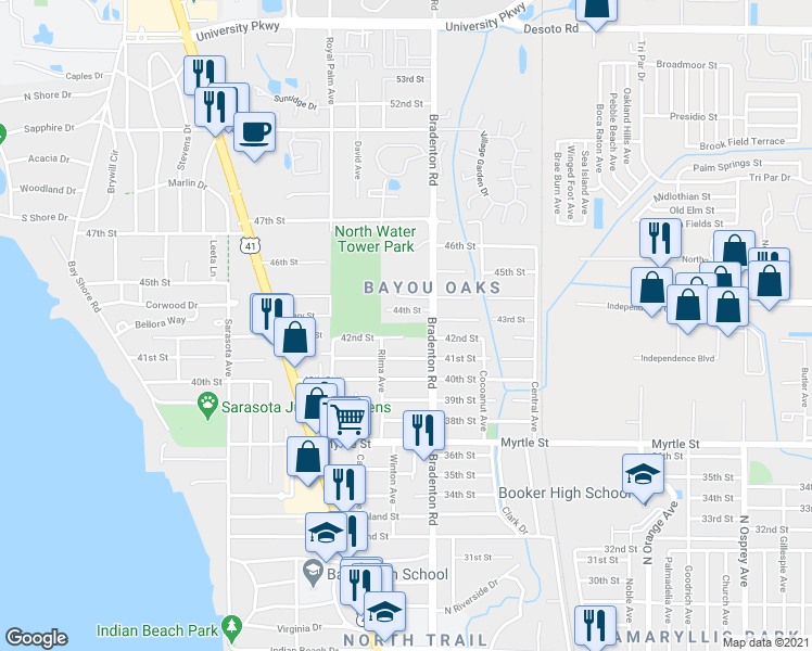 map of restaurants, bars, coffee shops, grocery stores, and more near 1155 44th Street in Sarasota