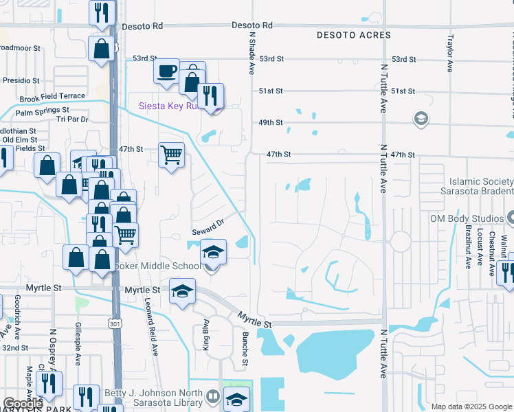 map of restaurants, bars, coffee shops, grocery stores, and more near 4312 North Shade Avenue in Sarasota