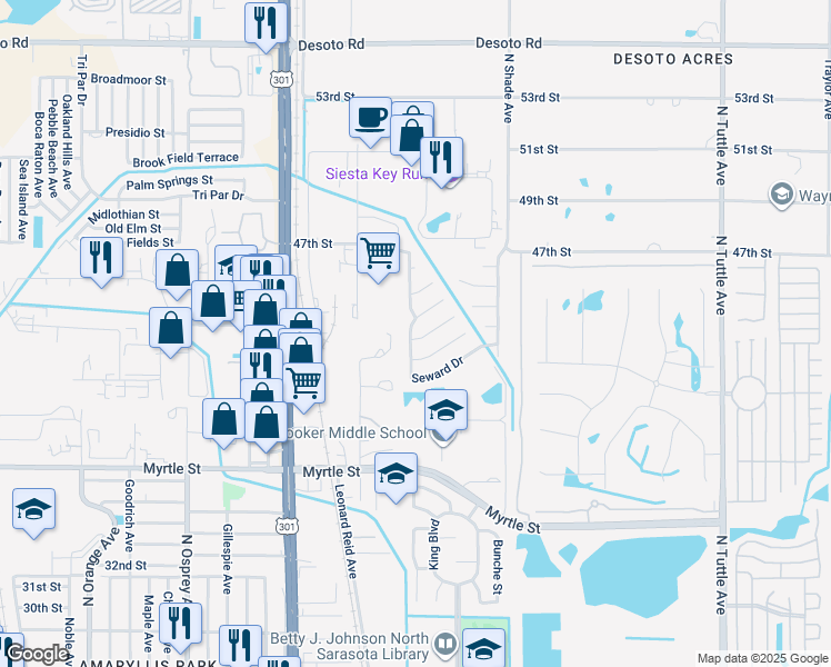 map of restaurants, bars, coffee shops, grocery stores, and more near 2217 Seward Circle in Sarasota