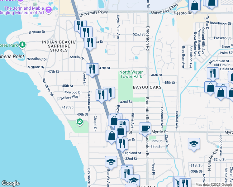 map of restaurants, bars, coffee shops, grocery stores, and more near 993 Gary Street in Sarasota