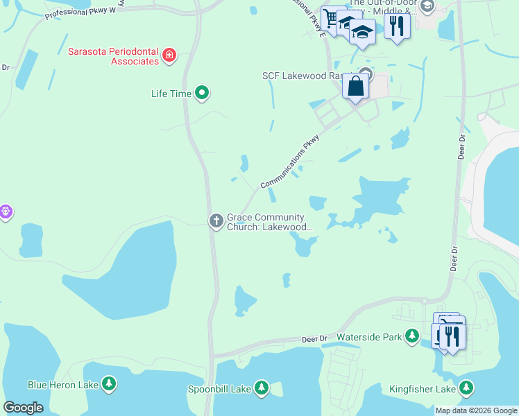 map of restaurants, bars, coffee shops, grocery stores, and more near 5200 Communications Parkway in Sarasota