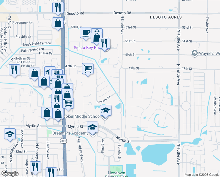 map of restaurants, bars, coffee shops, grocery stores, and more near 2285 Silver Maple Court in Sarasota