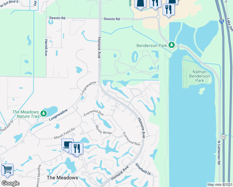 map of restaurants, bars, coffee shops, grocery stores, and more near 4504 Weybridge in Sarasota