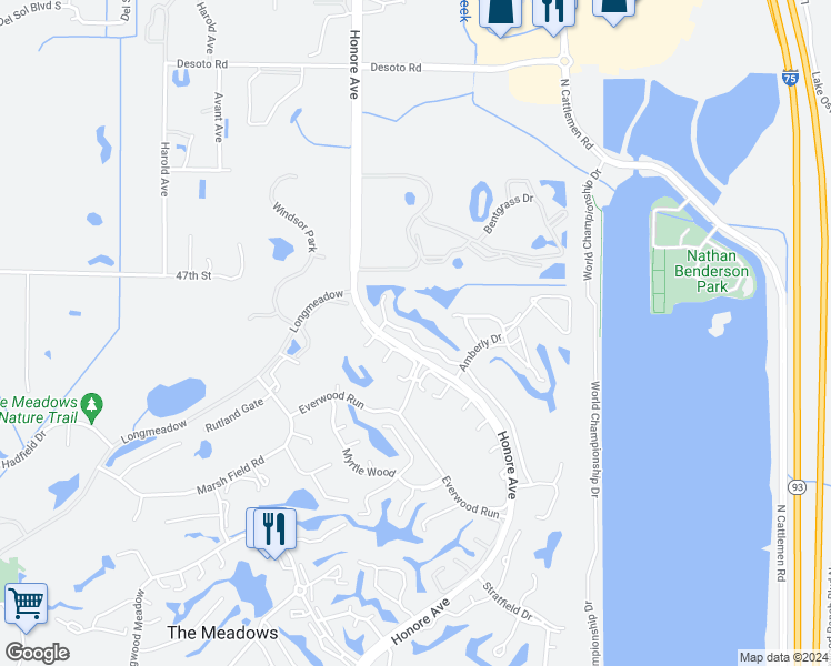 map of restaurants, bars, coffee shops, grocery stores, and more near 4642 Weybridge in Sarasota