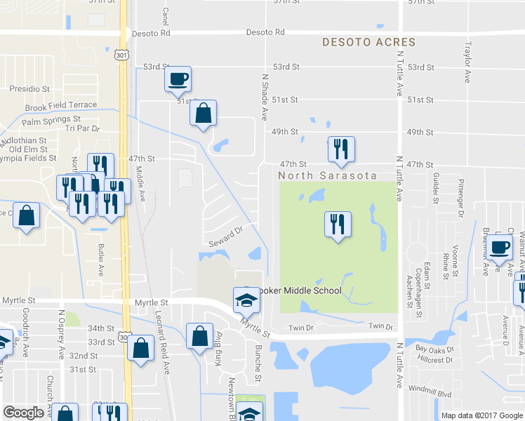 map of restaurants, bars, coffee shops, grocery stores, and more near 4312 North Shade Avenue in Sarasota