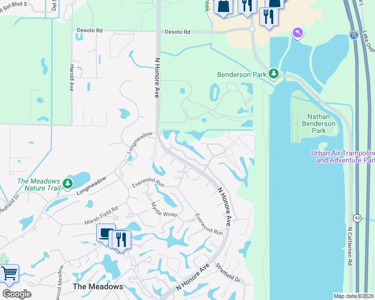 map of restaurants, bars, coffee shops, grocery stores, and more near 4504 Weybridge in Sarasota