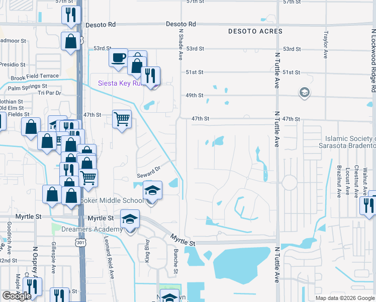 map of restaurants, bars, coffee shops, grocery stores, and more near 1190 Grantham Drive in Sarasota