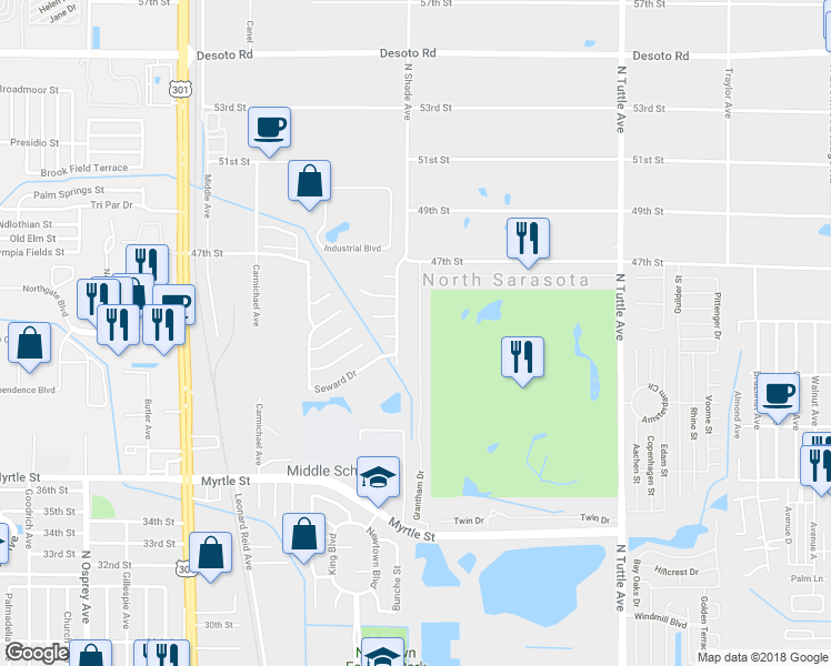 map of restaurants, bars, coffee shops, grocery stores, and more near 4312 North Shade Avenue in Sarasota