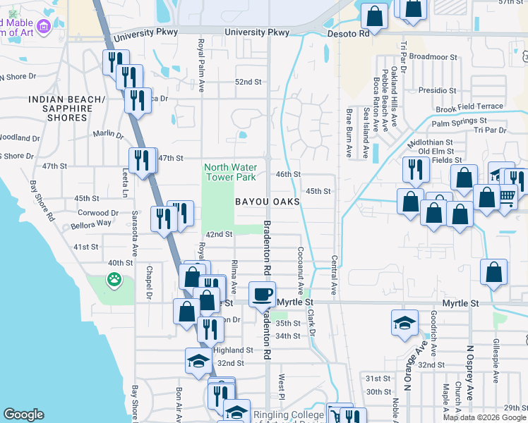 map of restaurants, bars, coffee shops, grocery stores, and more near in Sarasota