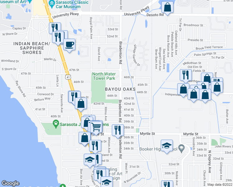 map of restaurants, bars, coffee shops, grocery stores, and more near 1155 44th Street in Sarasota