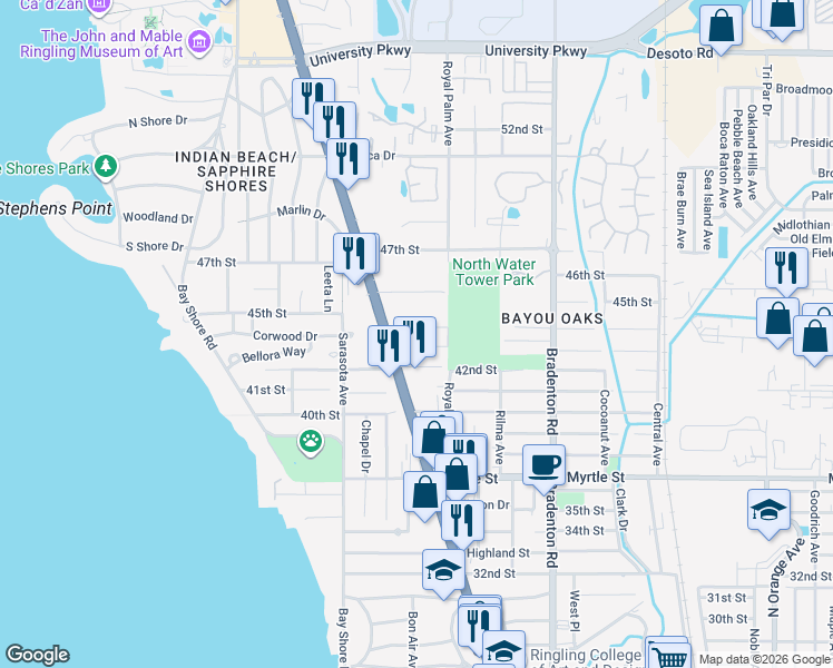 map of restaurants, bars, coffee shops, grocery stores, and more near 925 Gary Street in Sarasota