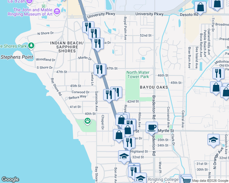 map of restaurants, bars, coffee shops, grocery stores, and more near 941 Osborne Drive in Sarasota