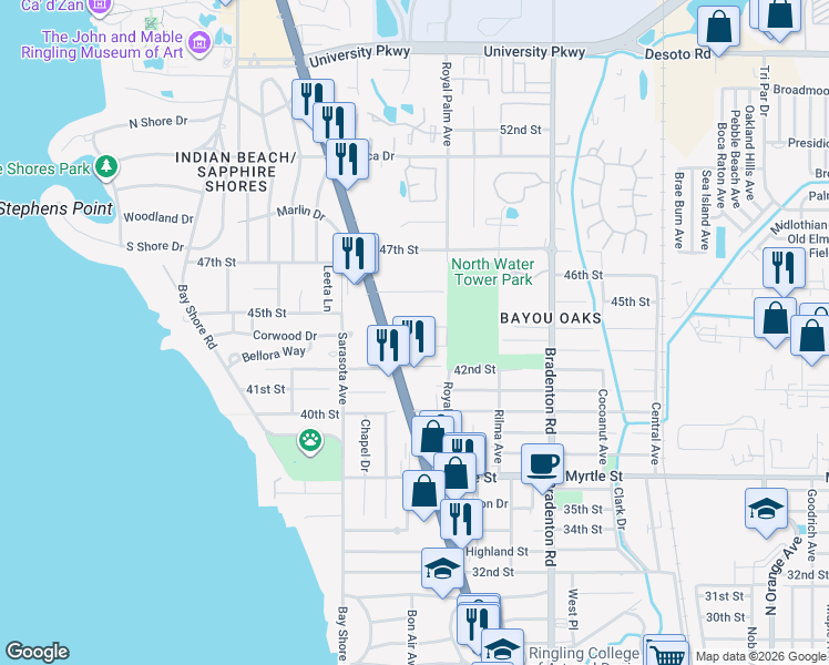 map of restaurants, bars, coffee shops, grocery stores, and more near 925 Gary Street in Sarasota