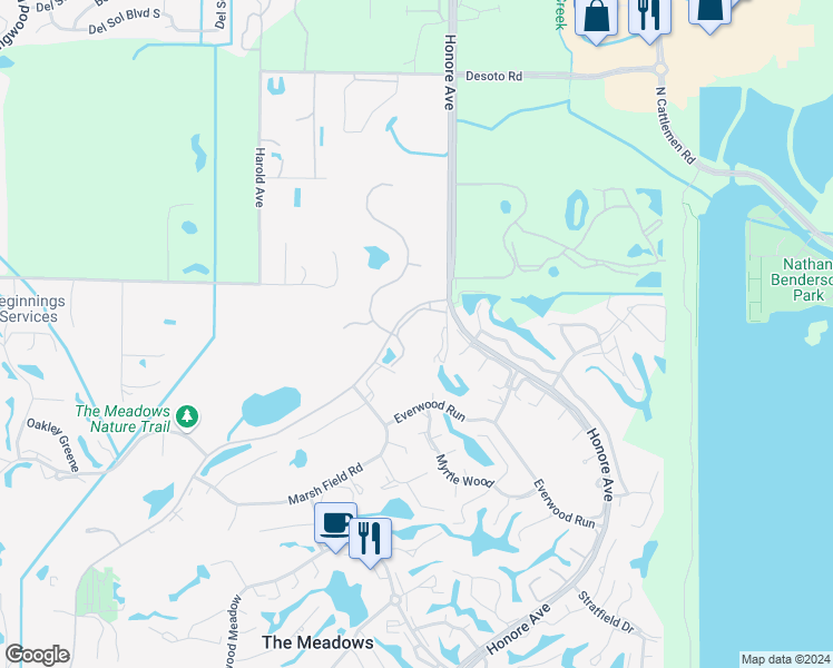 map of restaurants, bars, coffee shops, grocery stores, and more near 4459 Longmeadow in Sarasota