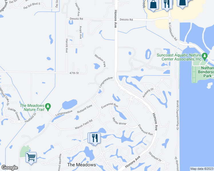map of restaurants, bars, coffee shops, grocery stores, and more near 4499 Longmeadow in Sarasota