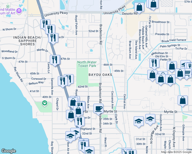 map of restaurants, bars, coffee shops, grocery stores, and more near Old Bradenton Road in Sarasota