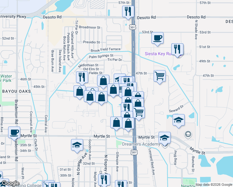 map of restaurants, bars, coffee shops, grocery stores, and more near 1877 Northgate Boulevard in Sarasota