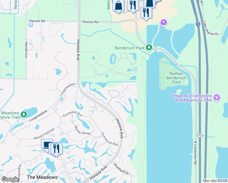 map of restaurants, bars, coffee shops, grocery stores, and more near 4521 Kingsmere in Sarasota