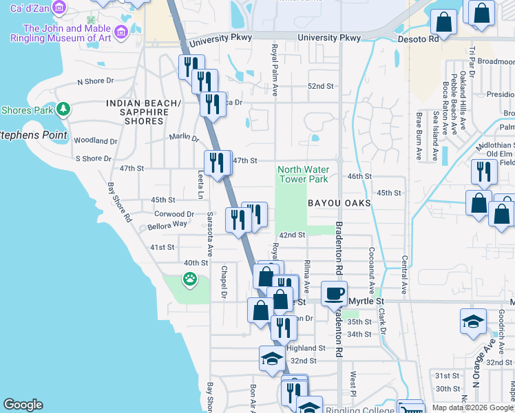 map of restaurants, bars, coffee shops, grocery stores, and more near 941 Osborne Drive in Sarasota
