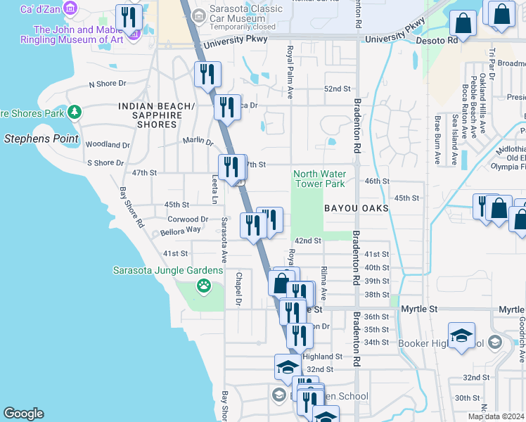map of restaurants, bars, coffee shops, grocery stores, and more near 925 Gary Street in Sarasota