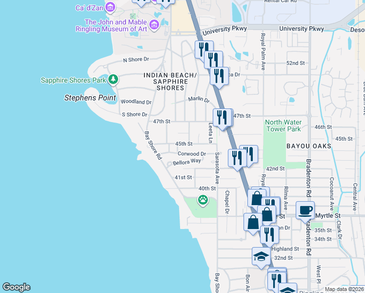 map of restaurants, bars, coffee shops, grocery stores, and more near 610 Corwood Drive in Sarasota