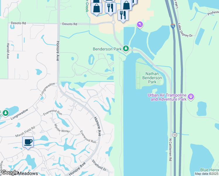 map of restaurants, bars, coffee shops, grocery stores, and more near 5706 Sheffield Greene Circle in Sarasota