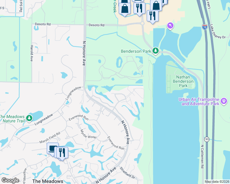 map of restaurants, bars, coffee shops, grocery stores, and more near 4629 West Long Common Court in Sarasota