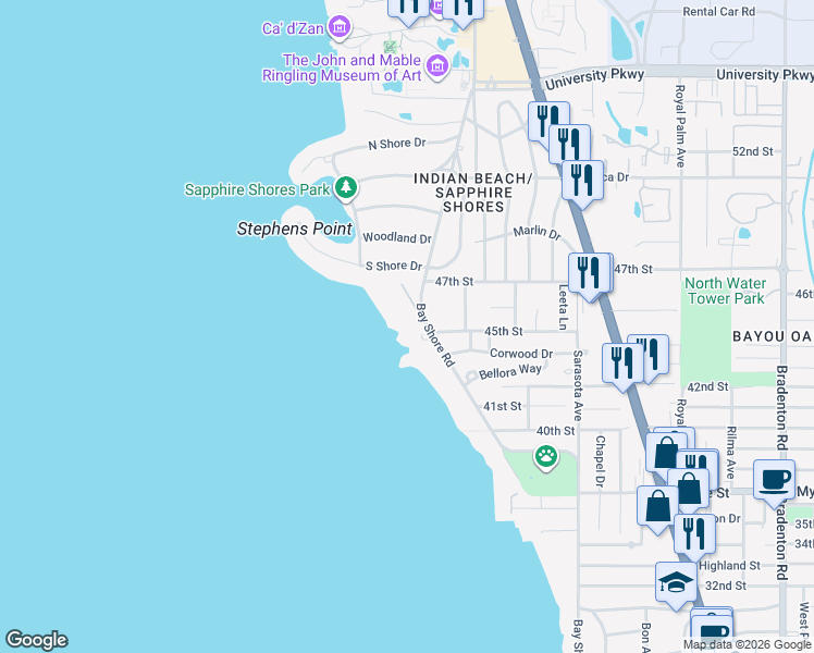 map of restaurants, bars, coffee shops, grocery stores, and more near 4521 Bay Shore Road in Sarasota