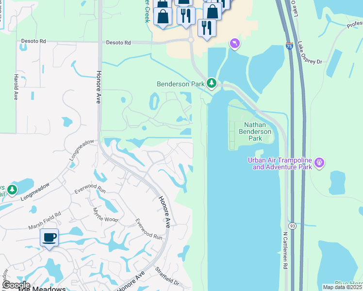 map of restaurants, bars, coffee shops, grocery stores, and more near 5693 Sheffield Greene Circle in Sarasota