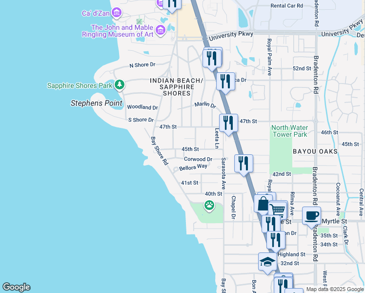 map of restaurants, bars, coffee shops, grocery stores, and more near 602 46th Street in Sarasota