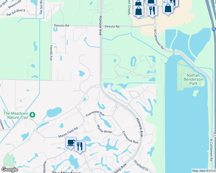 map of restaurants, bars, coffee shops, grocery stores, and more near 4683 Weybridge in Sarasota