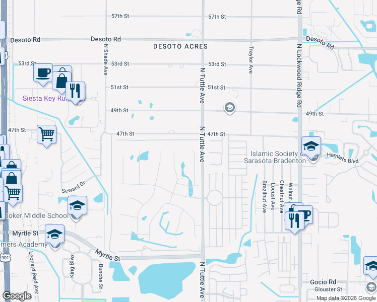 map of restaurants, bars, coffee shops, grocery stores, and more near 2736 Golf Course Drive in Sarasota