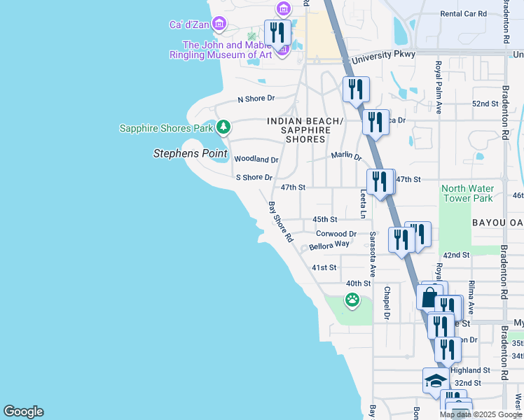map of restaurants, bars, coffee shops, grocery stores, and more near 4521 Bay Shore Road in Sarasota