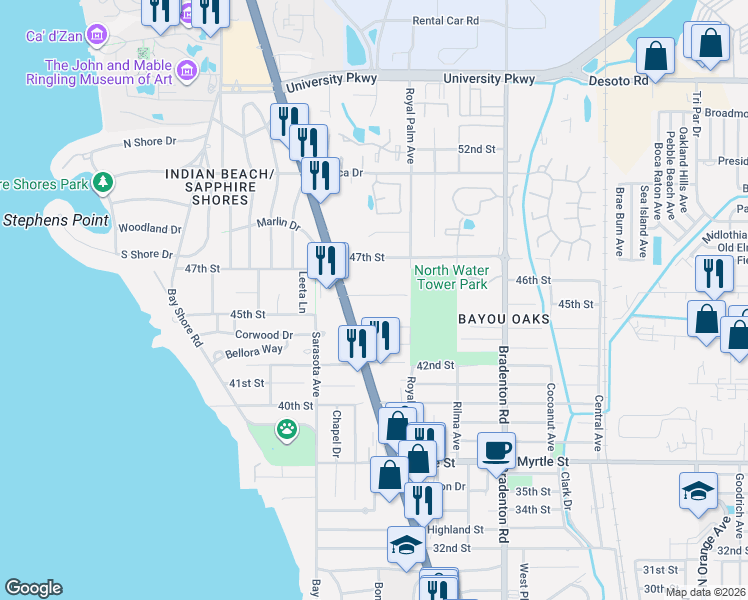 map of restaurants, bars, coffee shops, grocery stores, and more near 926 46th St in Sarasota
