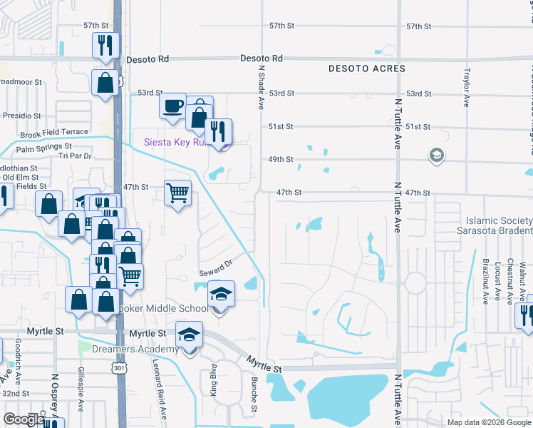 map of restaurants, bars, coffee shops, grocery stores, and more near 4552 North Shade Avenue in Sarasota
