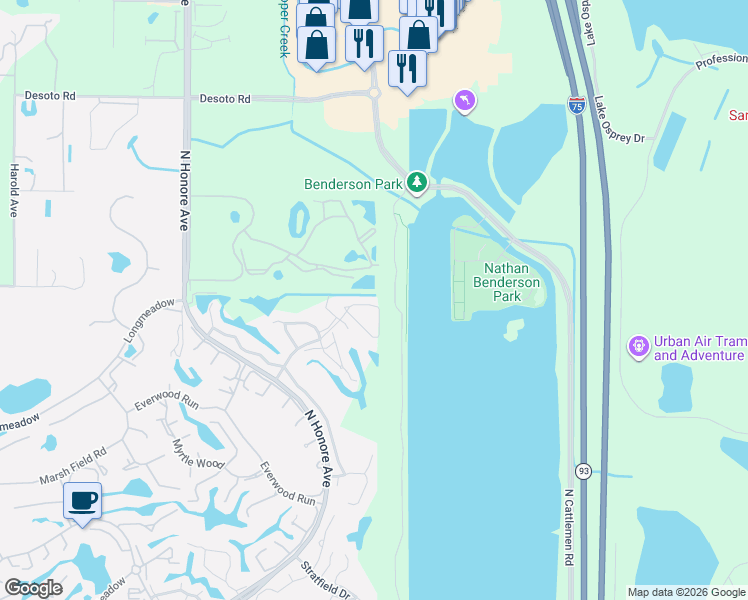 map of restaurants, bars, coffee shops, grocery stores, and more near 5693 Sheffield Greene Circle in Sarasota